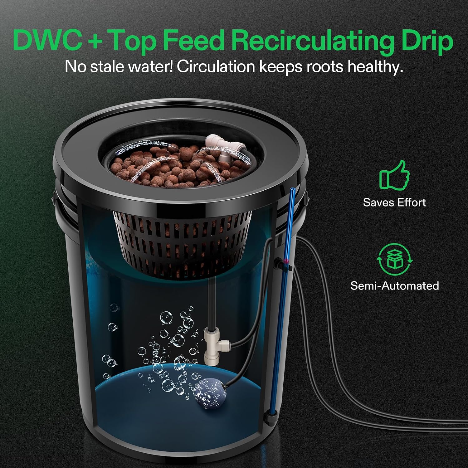 DWC Hydroponics Grow System with Top Drip Kit 1 Bucket | 5-Gallon Deep Water Culture, Recirculating Drip Garden
