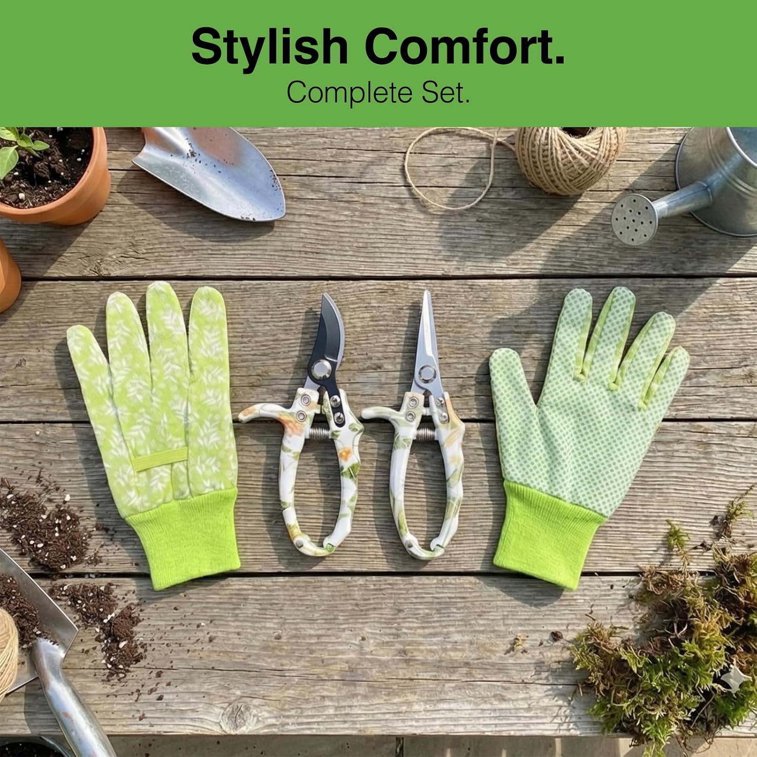 Pruning Shears for Gardening 2-Pack – 6.7" SK5 Bypass Pruner & 7.2" Straight Snips with Non-Slip Gloves – Lightweight