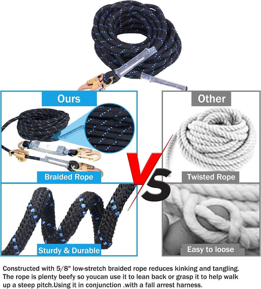 50FT Vertical Lifeline Assembly with Alloy Steel Anti-Panic Rope Grab Snap Hook Shock Absorb Lanyard, Fall Protection