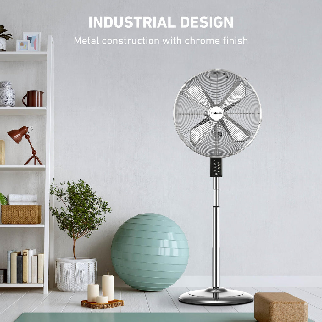 16" Vintage Digital Metal Stand Fan with Remote, Chrome Silver