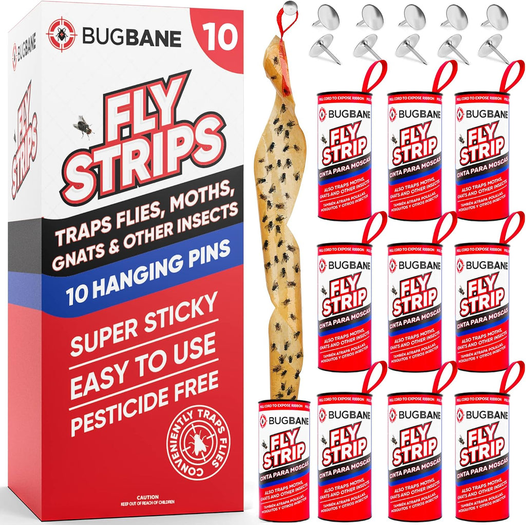 Fly Strips Indoor Sticky Hanging 10pk with Pins. Non Toxic Outdoor Fly Trap Indoor for Home. Flies Tape Paper Trap