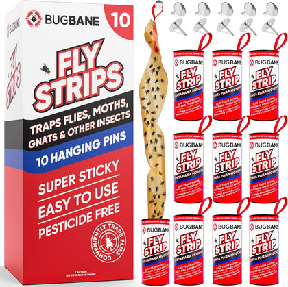 Fly Strips Indoor Sticky Hanging 10pk with Pins. Non Toxic Outdoor Fly Trap Indoor for Home. Flies Tape Paper Trap