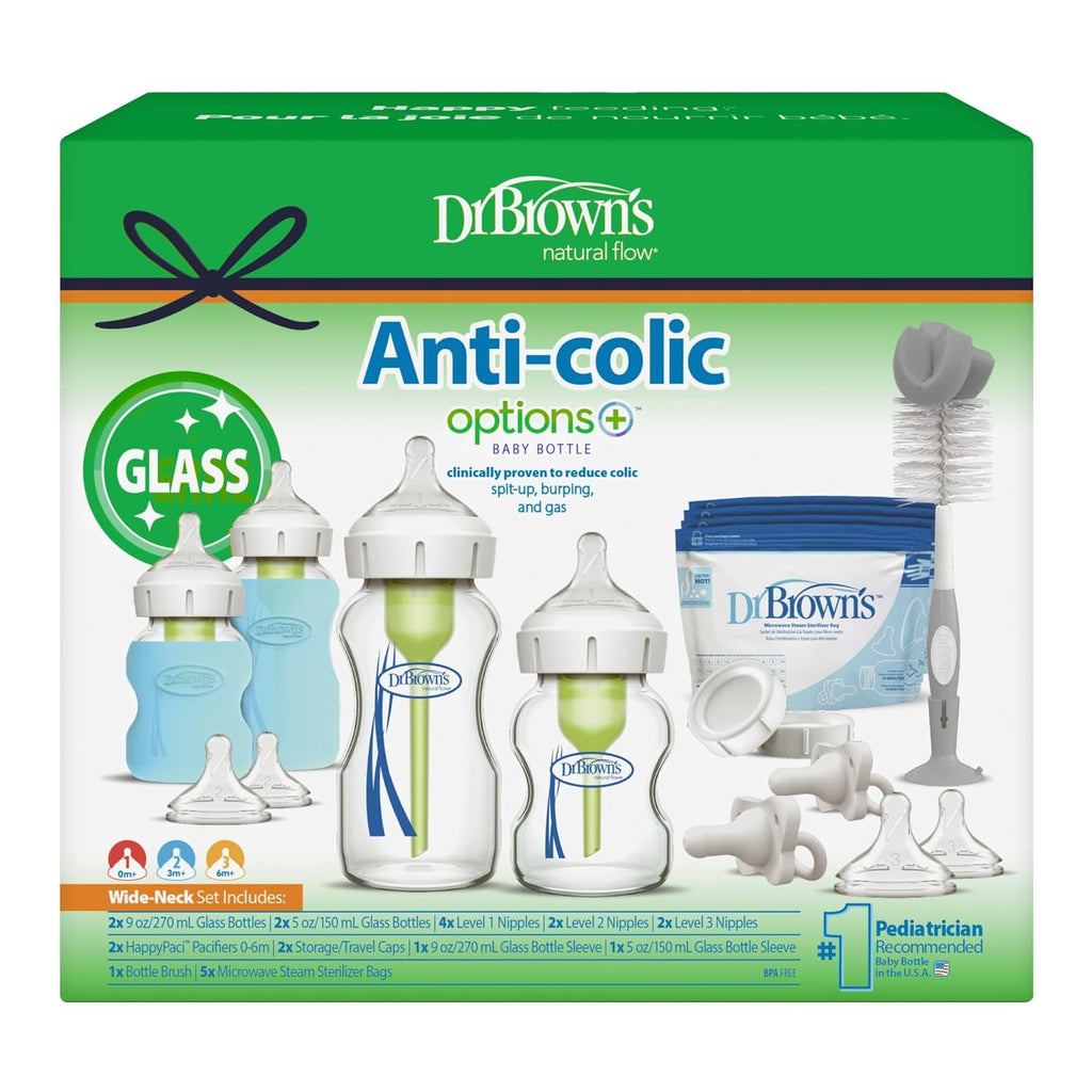 Anti-Colic Options+ Wide-Neck Glass Baby Bottle Starter Set with 100% Silicone Bottle Sleeves, Level 1, 2, and 3