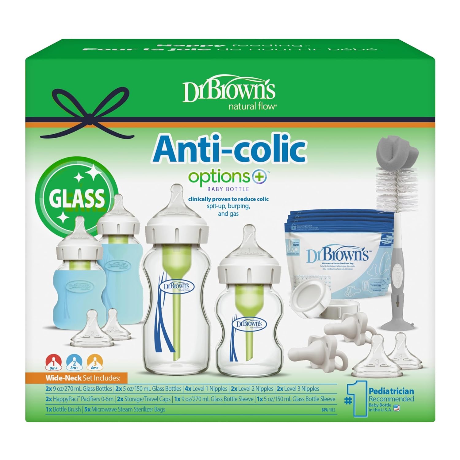 Anti-Colic Options+ Wide-Neck Glass Baby Bottle Starter Set with 100% Silicone Bottle Sleeves, Level 1, 2, and 3