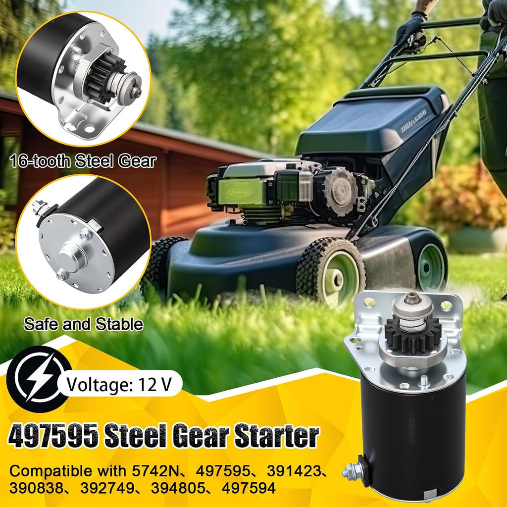 Honoson 2 Pack 5742n 497595 and 192507 Steel Gear Starter 16teeth Replacement and Starter Solenoid Compatible with Briggs and Stratton 12v Solenoid Lawn Mower Starters Kit