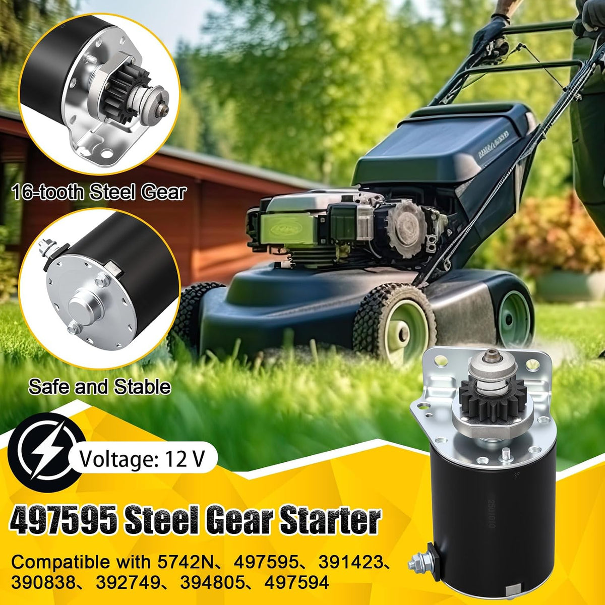 Honoson 2 Pack 5742n 497595 and 192507 Steel Gear Starter 16teeth Replacement and Starter Solenoid Compatible with Briggs and Stratton 12v Solenoid Lawn Mower Starters Kit