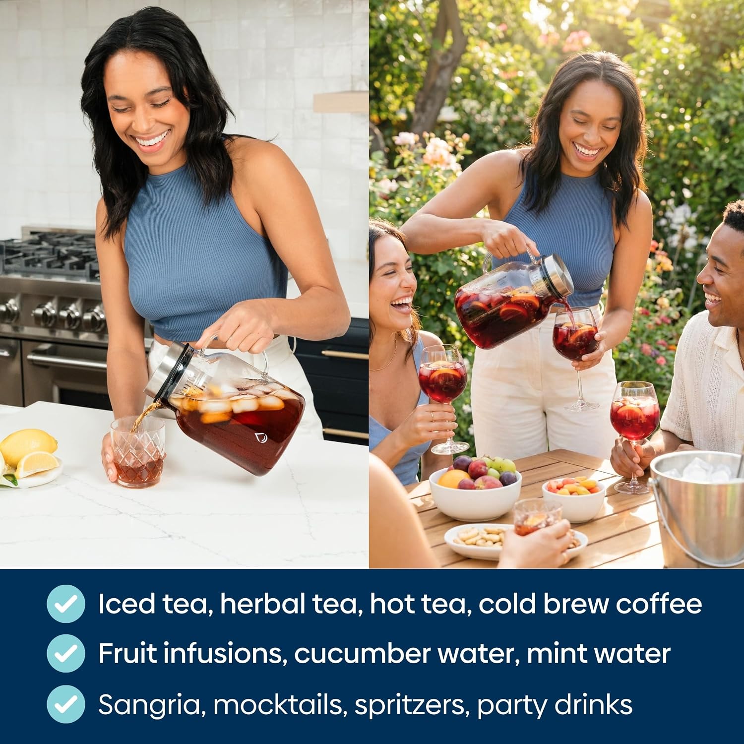 Glass Fruit Infuser Water Pitcher, Heat Resistant for Hot/Cold Use, Great Iced Tea Pitcher | Tranquil Collection, 2 Qt