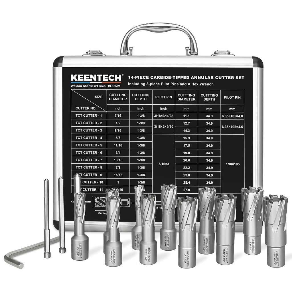 KEENTECH 14-PC Carbide-Tipped Annular Cutter Set 7/16" to 1-1/16" Diameter