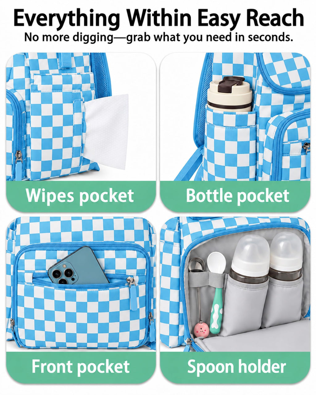 Checkered Diaper Bag Backpack with Changing Pad & Stroller Clips
