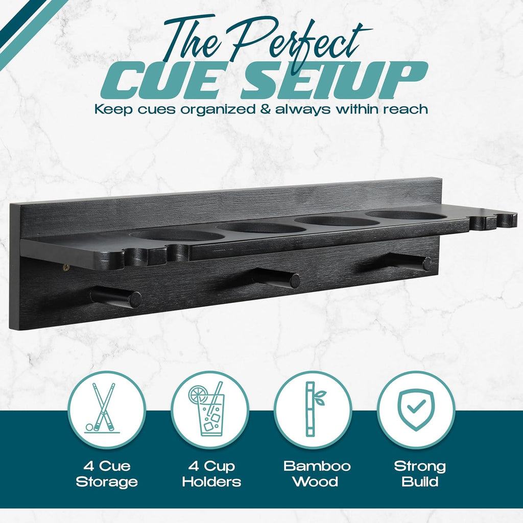 Pool Stick Holder Wall Mount - 4 Pool Cue Rack with Accessories Shelf and 4 Drink Holders - Bamboo Billiard Cue Rack