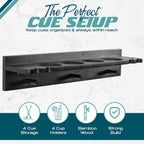 Pool Stick Holder Wall Mount - 4 Pool Cue Rack with Accessories Shelf and 4 Drink Holders - Bamboo Billiard Cue Rack