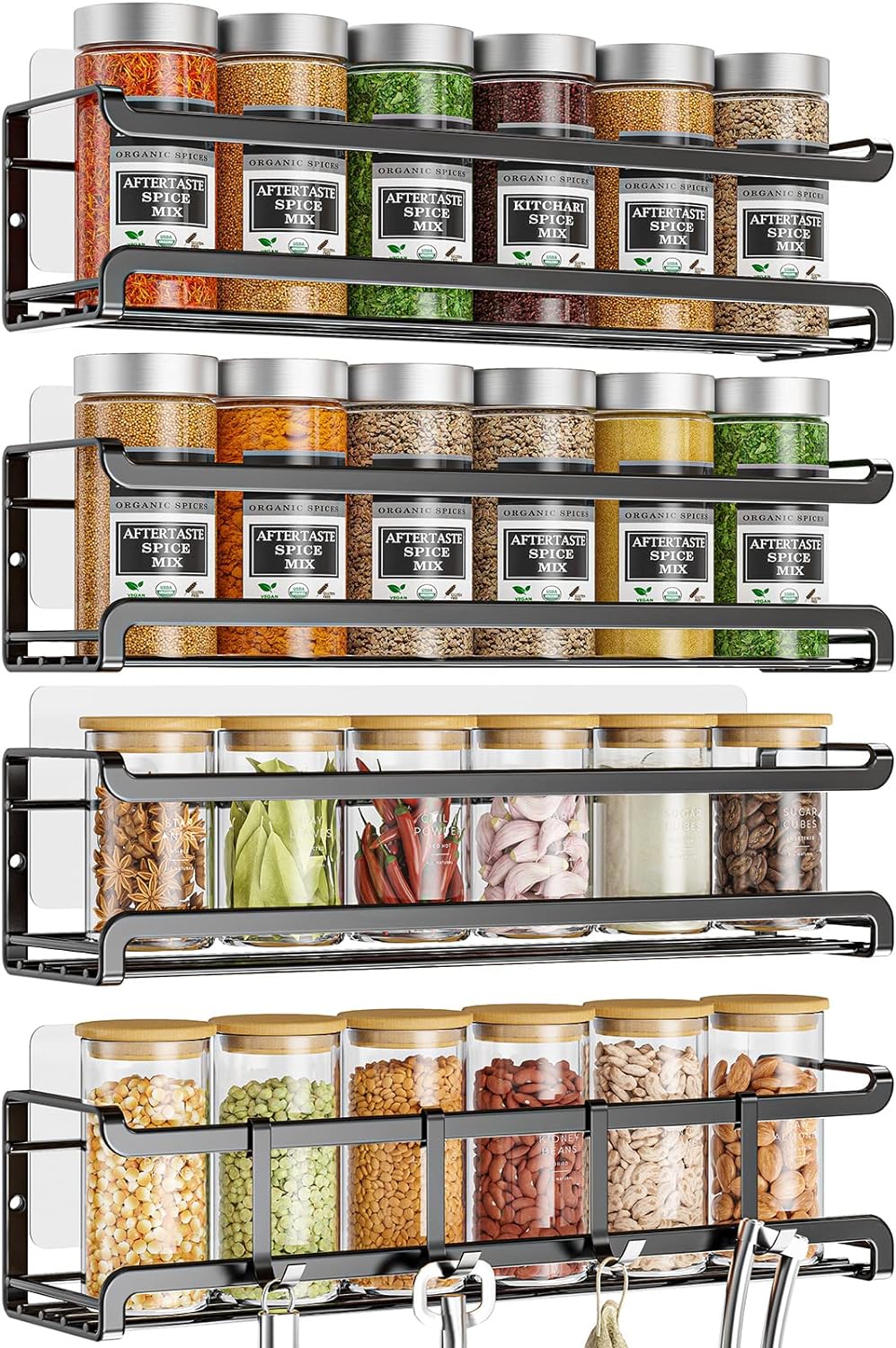 Spice Rack Wall Mounted 4 Pack, Black,For Spice Jars & Seasonings | 4 Removalble Hooks,Screw or Adhesive Hanging