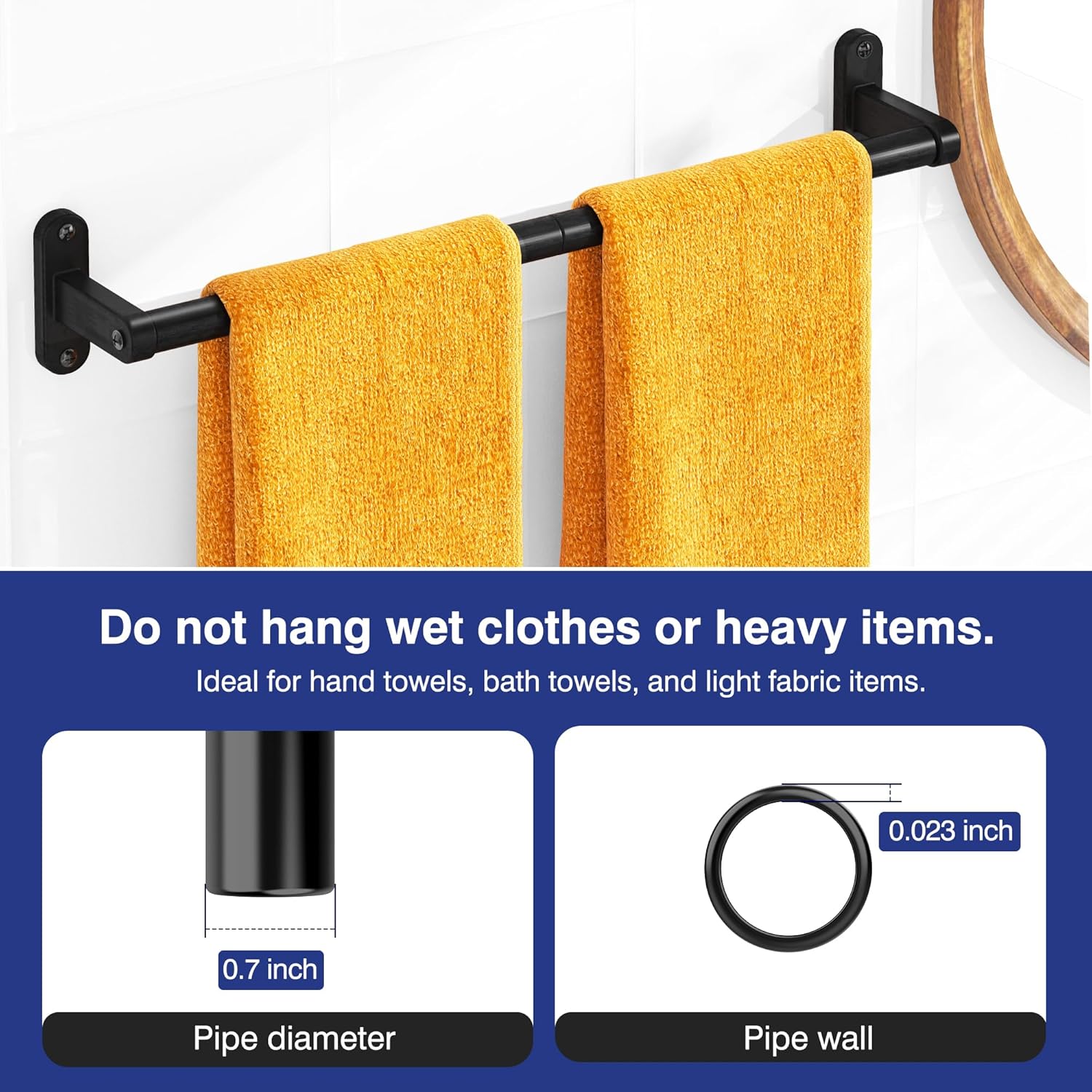 Matte Black Towel Rack for Bathroom - 24" Rustproof Towel Holder, Sturdy Towel Bar Wall Mounted, Space-Saving Towel