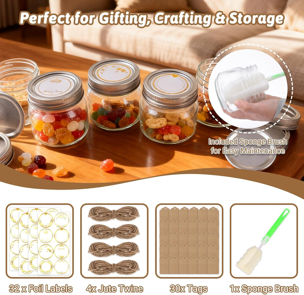8oz Glass Mason Jars 30-Pack with Airtight Split Lids and Bands