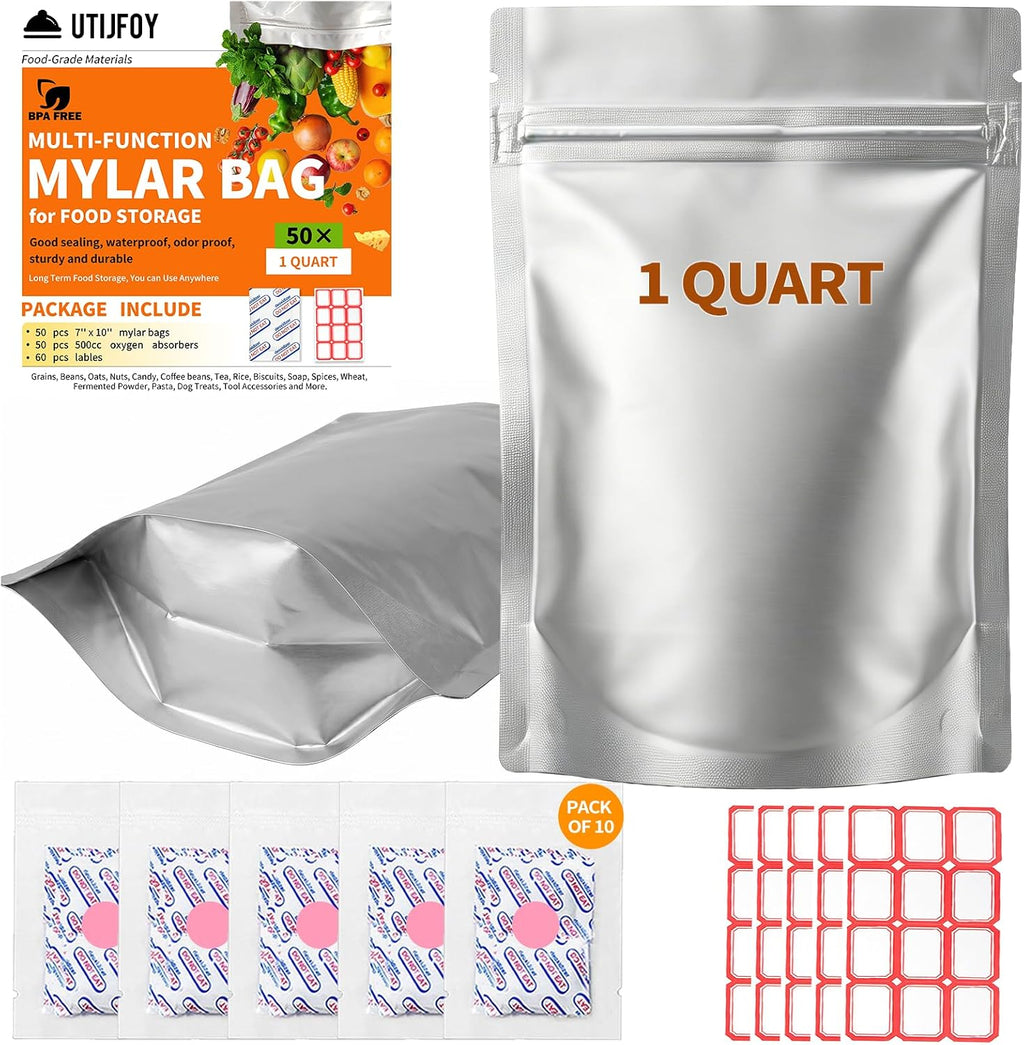 1Qt Mylar Bags with Oxygen Absorbers, 500cc, 50-Pack Food Storage | 50 resealable 1Qt Mylar bags w/50x500cc absorbers