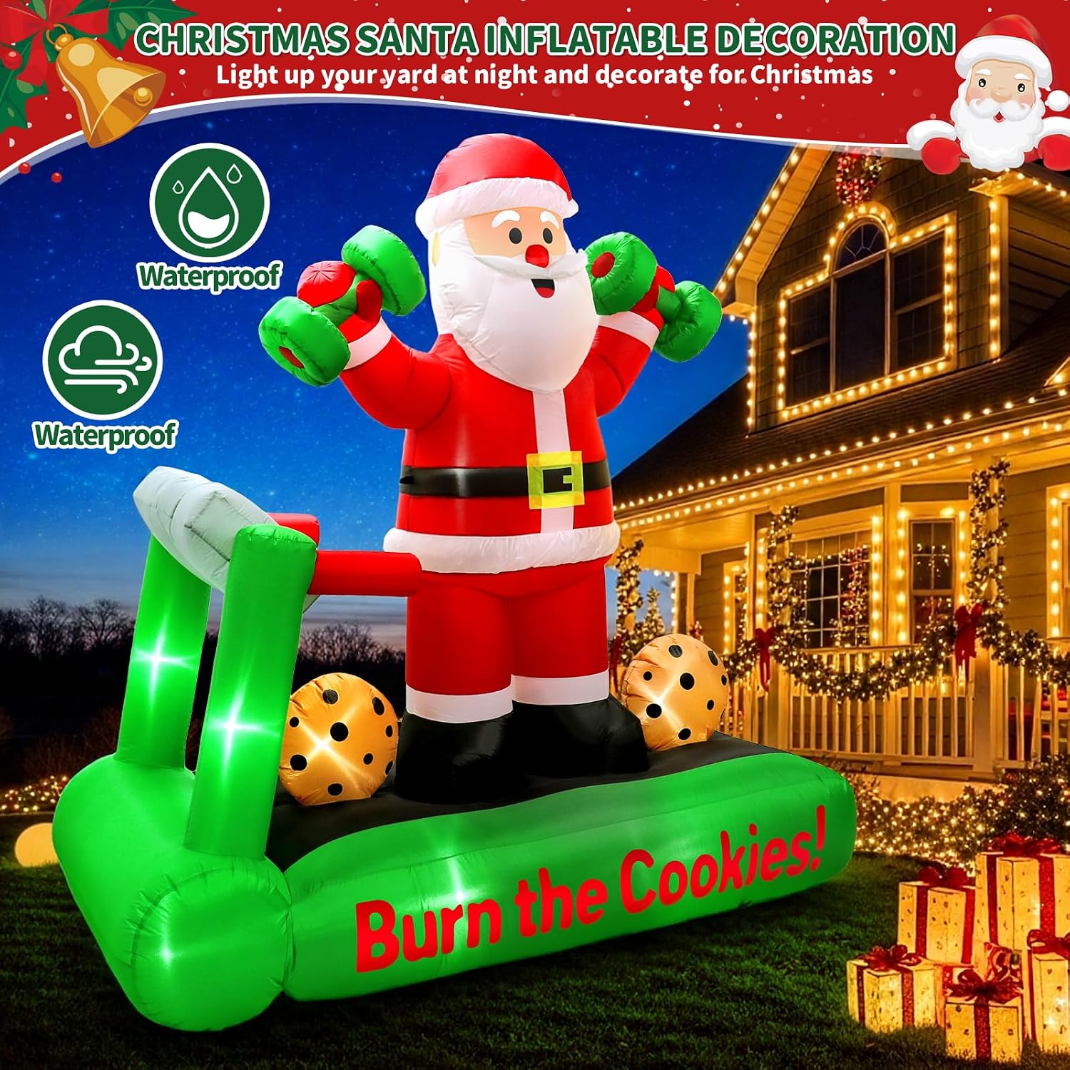 7FT Christmas Inflatable Santa Decorations, Santa on Treadmill with Dumbbells, Funny Fitness Santa Outdoor Blow Up