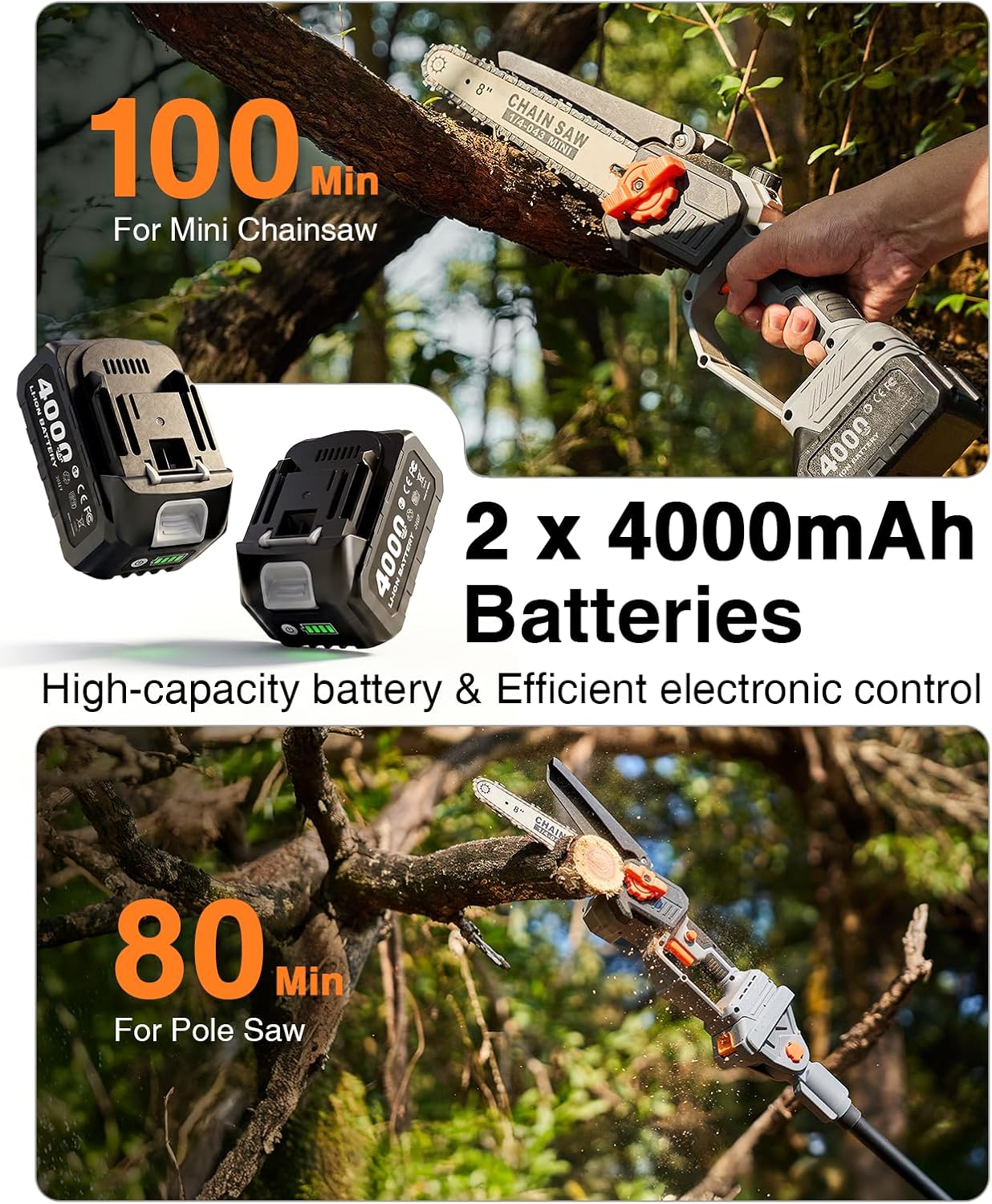2-in-1 Pole Saw for Tree Trimming, 8-Inch Cordless Brushless Chainsaw with Adjustable Extension Pole, 2×4.0Ah