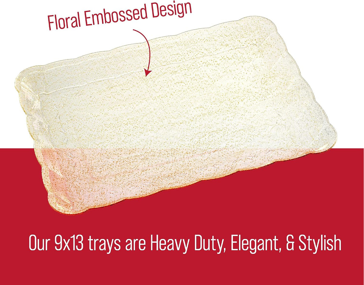 Plastic Serving Trays - Serving Platters Rectangle 9X13 Disposable Gold Glitter Party Dish Includes 4 Trays