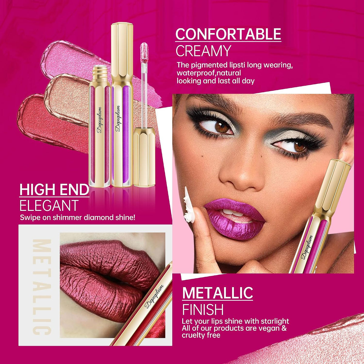Dark Red Lipsticks for Women Metallic Glitter Long Lasting Lipstick