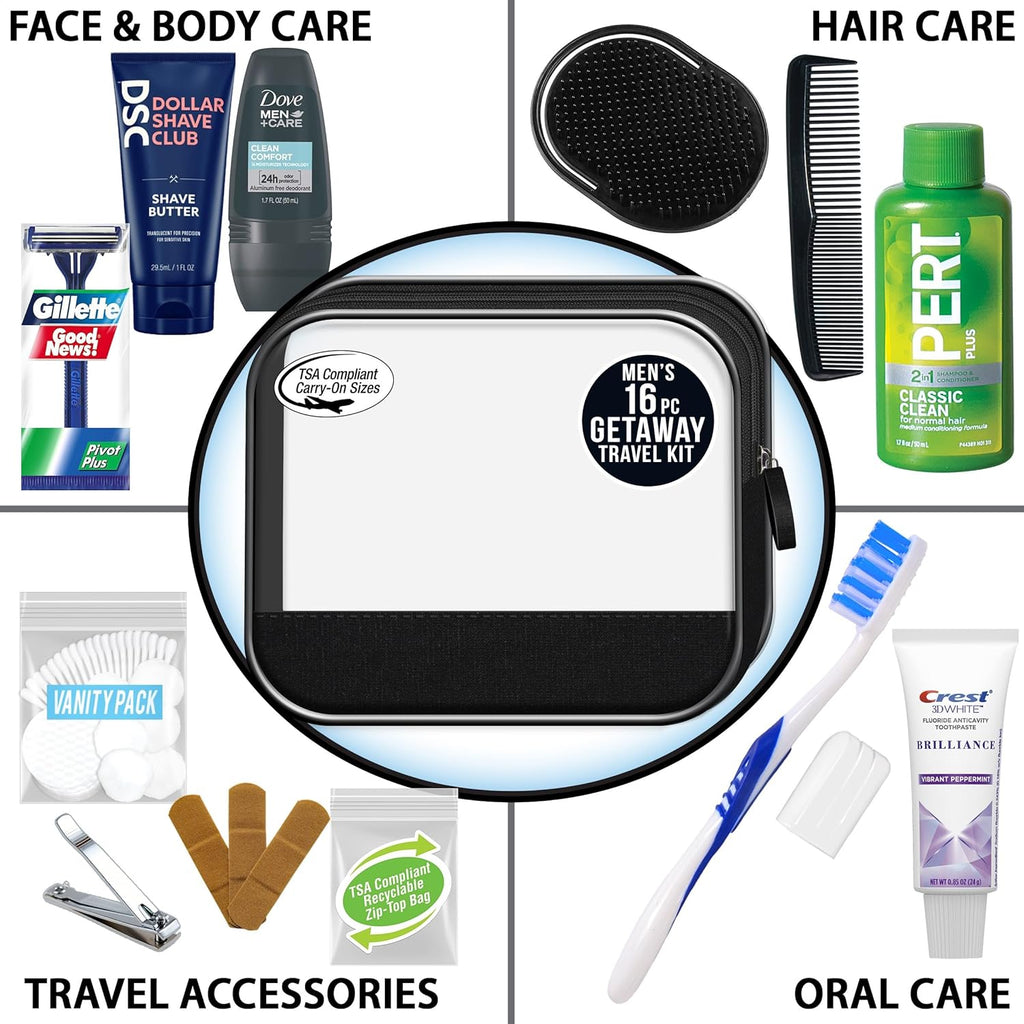 Men’s Super Deluxe, 16-Piece Kit with Travel Size TSA Compliant Essentials in Reusable Zippered Toiletry Bag