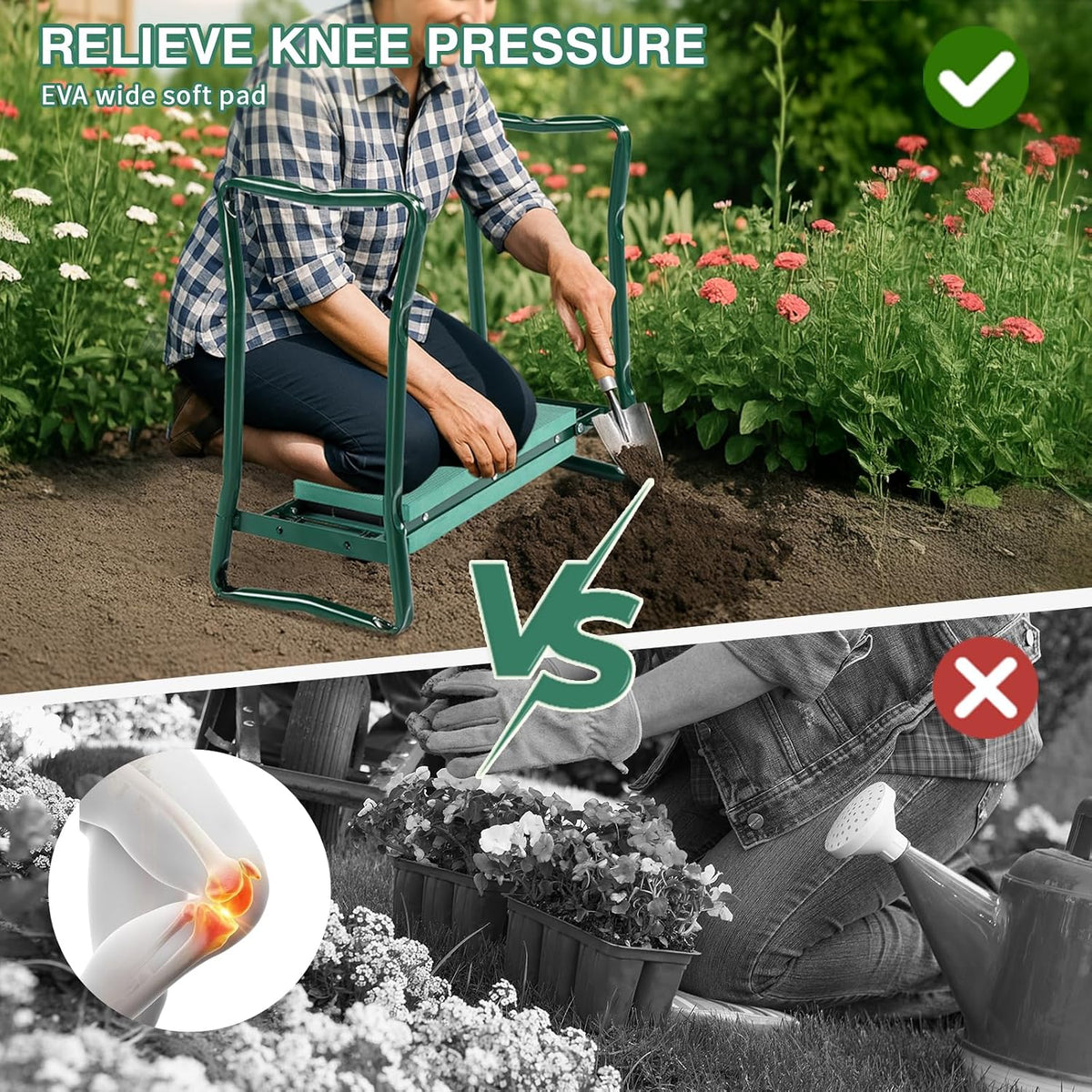 24in Foldable Garden Kneeler and Seat with Tool Pouch, 2-in-1 Function Portable Thicken Soft Kneeling Pad Garden