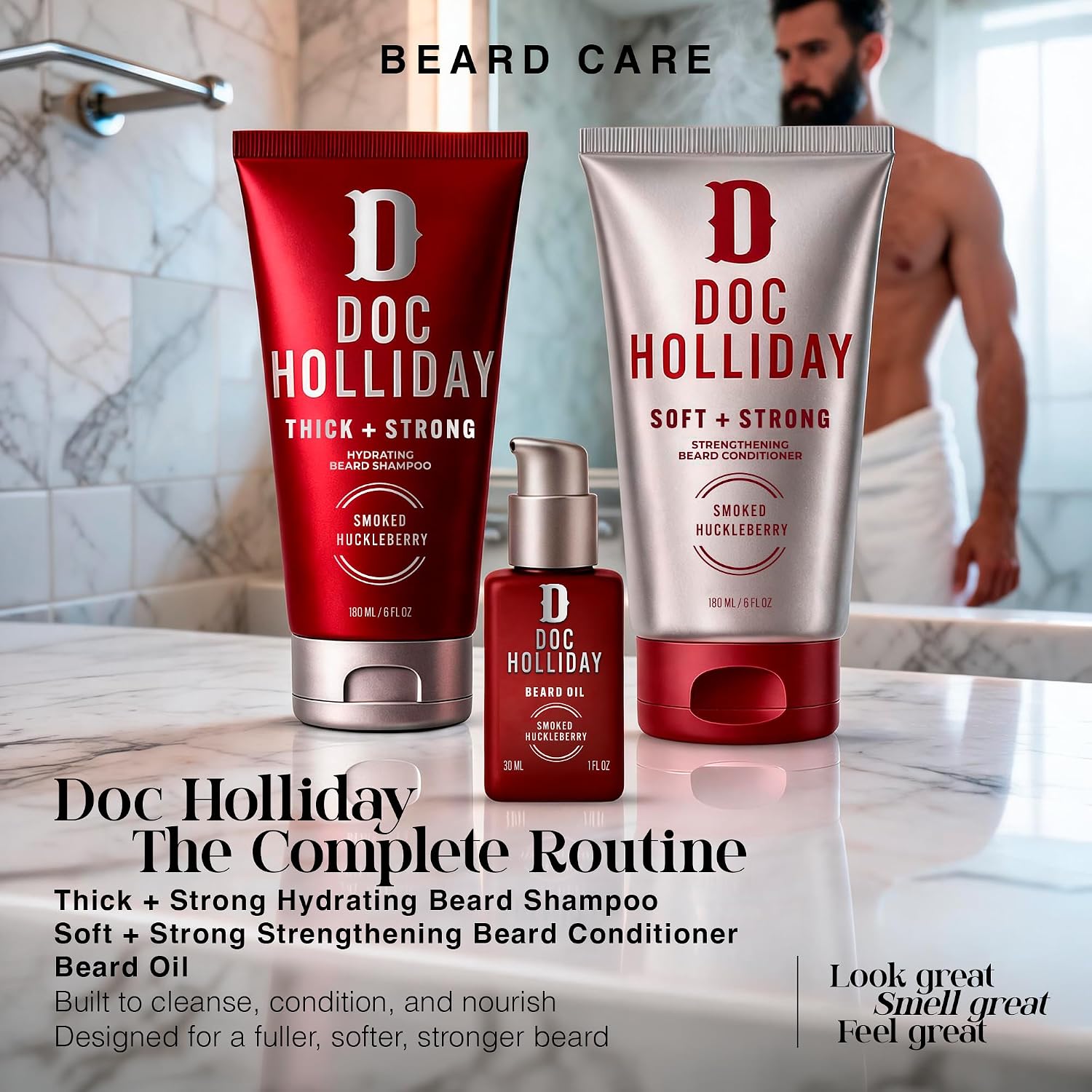 Beard Shampoo, Conditioner & Oil Bundle, Smoked Huckleberry, Beard Wash and Lightweight Beard Oil for Men, Softens