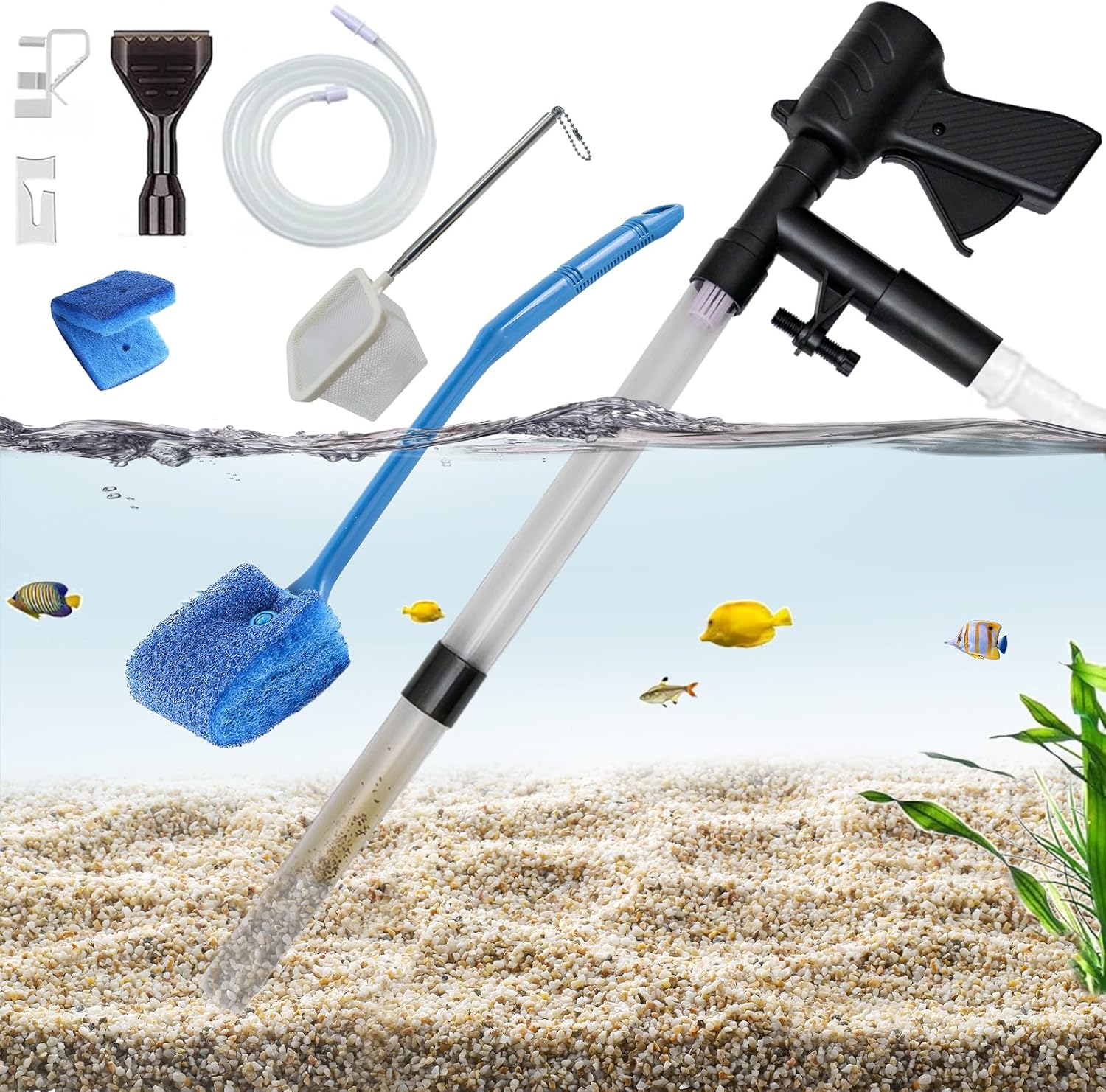 Aquarium Gravel Cleaner 15~30In with 6Ft Water Hose Fish Tank Water Changer Sand Vacuum with Skimmer Net and Long