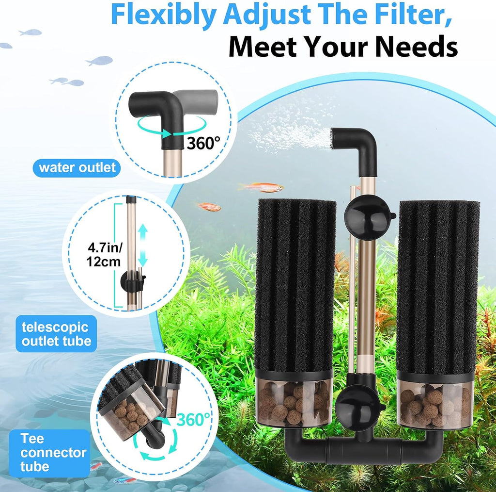 Aquarium Double Sponge Filter: Upgraded Sponge Filter with Larger Filtration Area, Come with Extendable Clip, 2 Spare