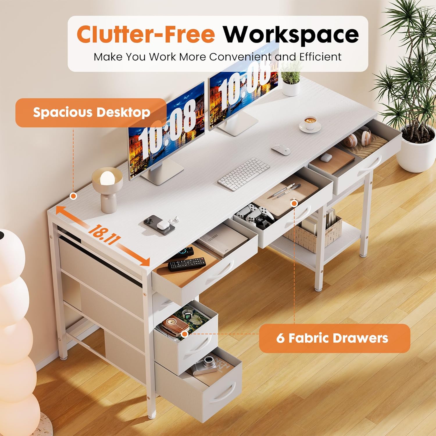 47" Computer Desk with 6 Drawers, Home Office Gaming Desks with Storage Shelves for Bedroom, Writing Study Corner