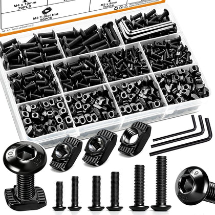 260PCS M3 M4 M5 T-Nuts Screws Assortment Kit 10.9 Grade Alloy Steel Metric Hex Button Head Cap Screws for
