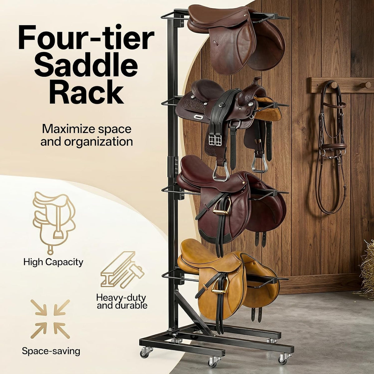 4 Tier Saddle Rack with Wheels, Heavy Duty Horse Saddle Stand
