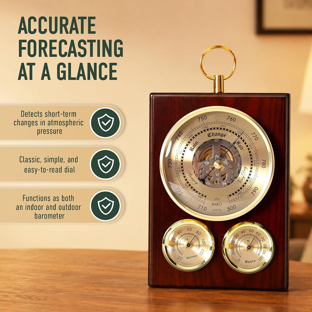 Analog Barometer Hygrometer Thermometer Weather Station, Vintage Wooden Desk Or Wall Analog Barometers for the Home