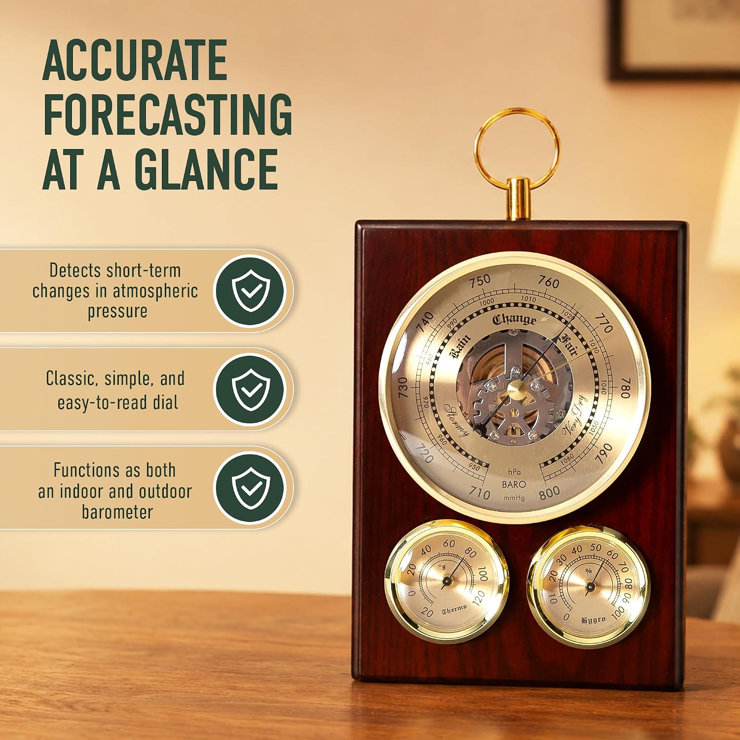 Analog Barometer Hygrometer Thermometer Weather Station, Vintage Wooden Desk Or Wall Analog Barometers for the Home