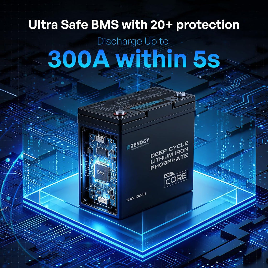 12V 100Ah LiFePO4 Lithium Battery Mini Size, 100A BMS for Ultimate Safety, Deep Cycle w/Remote Monitoring