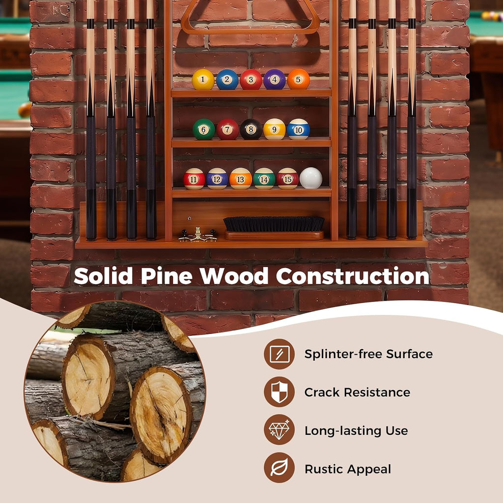 Pool Cue Rack, Wall Mounted Billiard Stick Holder, Made of Solid Pine Wood, Holds 8 Cues & Full Ball Set & 1 Ball