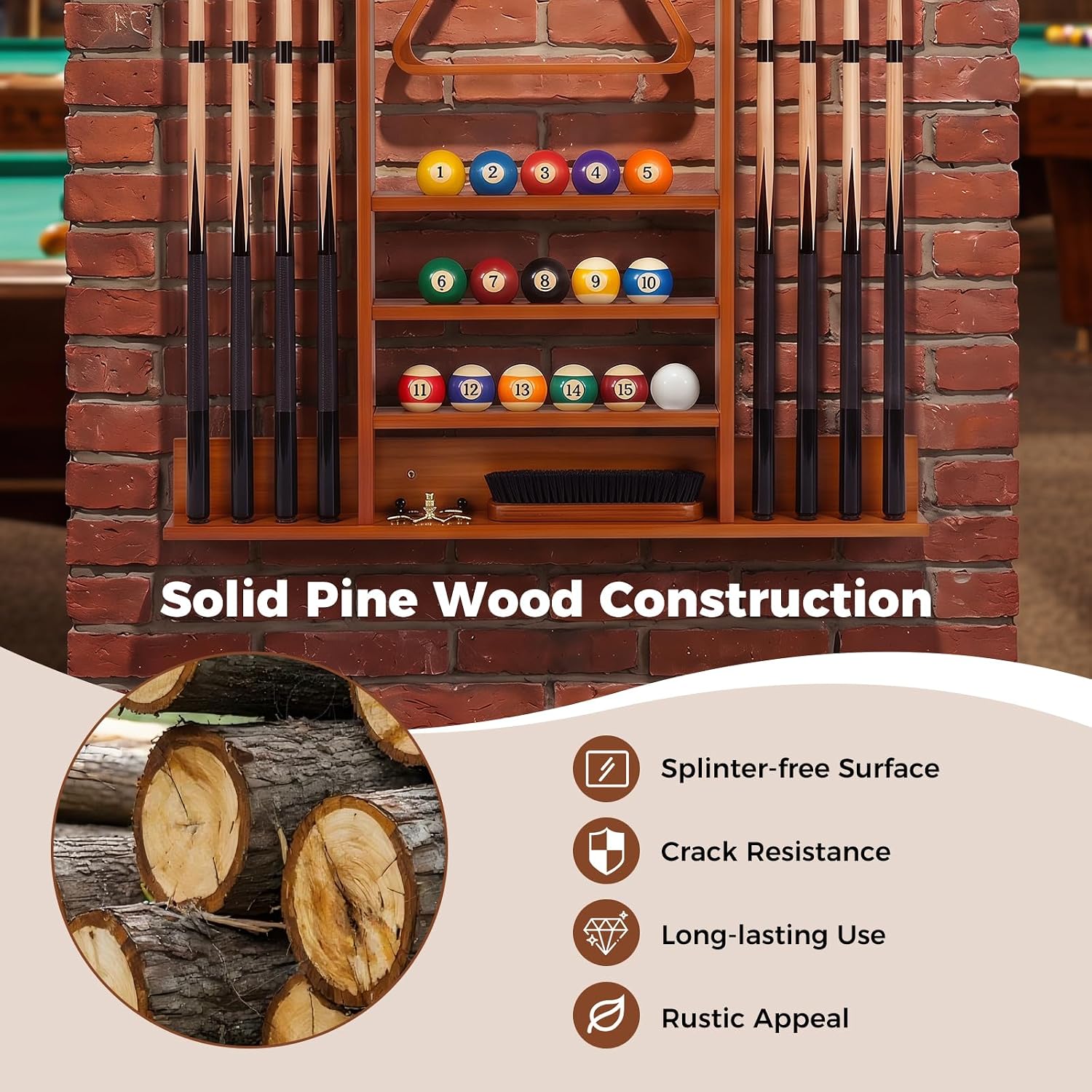 Pool Cue Rack, Wall Mounted Billiard Stick Holder, Made of Solid Pine Wood, Holds 8 Cues & Full Ball Set & 1 Ball