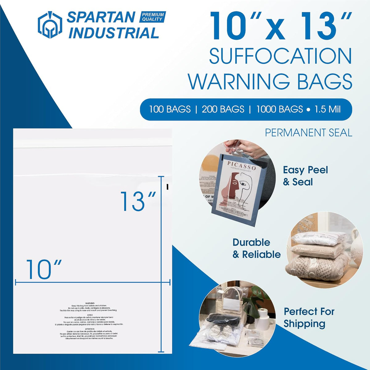 10” X 13” (200 Count) Self Seal Clear Poly Bags with Suffocation Warning