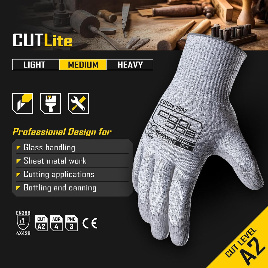 12/120 Pairs Cut Resistant Safety Work Gloves with Grip, 13 Gauge Seamless Shell with PU Coating, ANSI A2 A4 A6, Gray