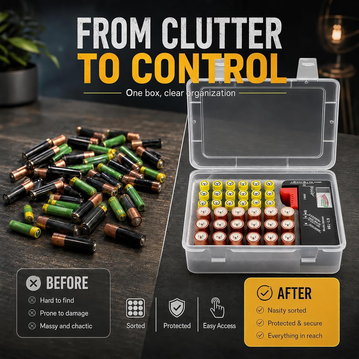 Battery Organizer Storage Box with Test, Garage Case Holder for 18* AA, 18* AAA Batteries (Bag Not Include Batteries