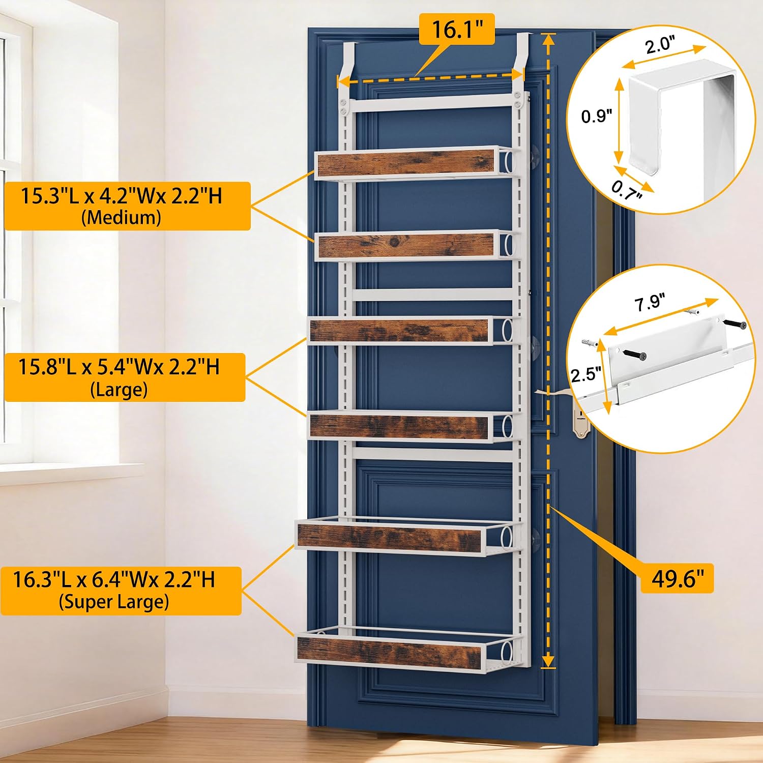 8 Tier Over The Door Pantry Orangizer 2 IN 1 Wall Mounted or Hanging Spice Rack with Adjustable Wood Basket,Heavy
