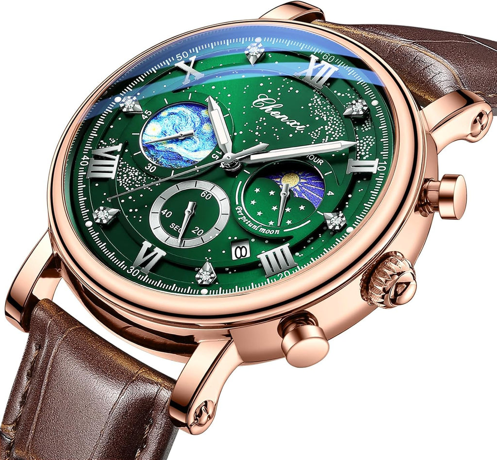 Men Classic Watches Chronograph Analog Watch Business Dress Leather | Waterproof Luminous Chronograph Starry Sky Moon