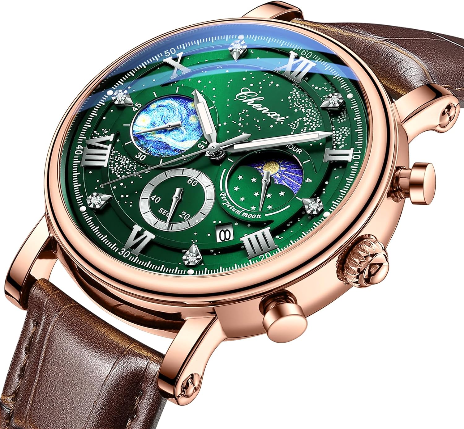 Men Classic Watches Chronograph Analog Watch Business Dress Leather | Waterproof Luminous Chronograph Starry Sky Moon