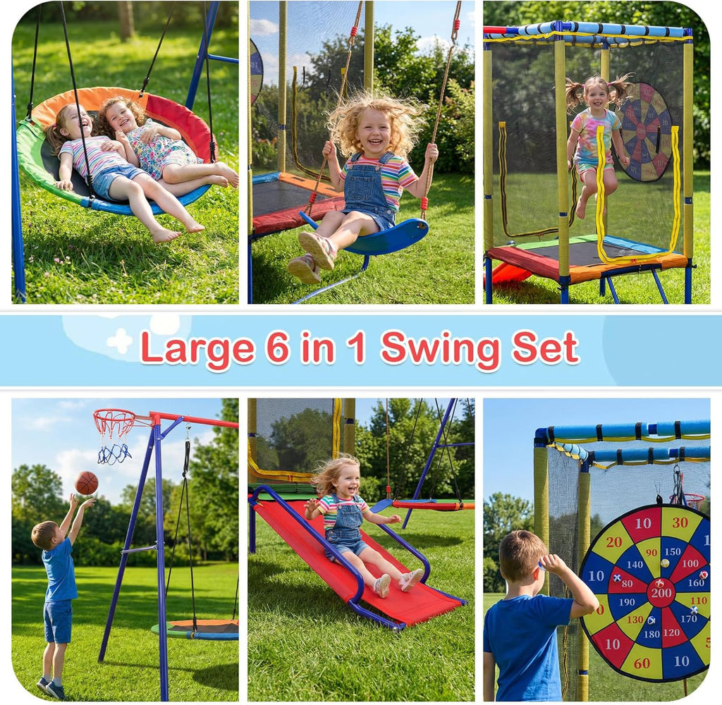 Swing Sets for Backyard, 6 in 1 Outdoor 440LBS Heavy Duty A-Frame Metal Stand with Trampoline, Slide, Saucer Swing