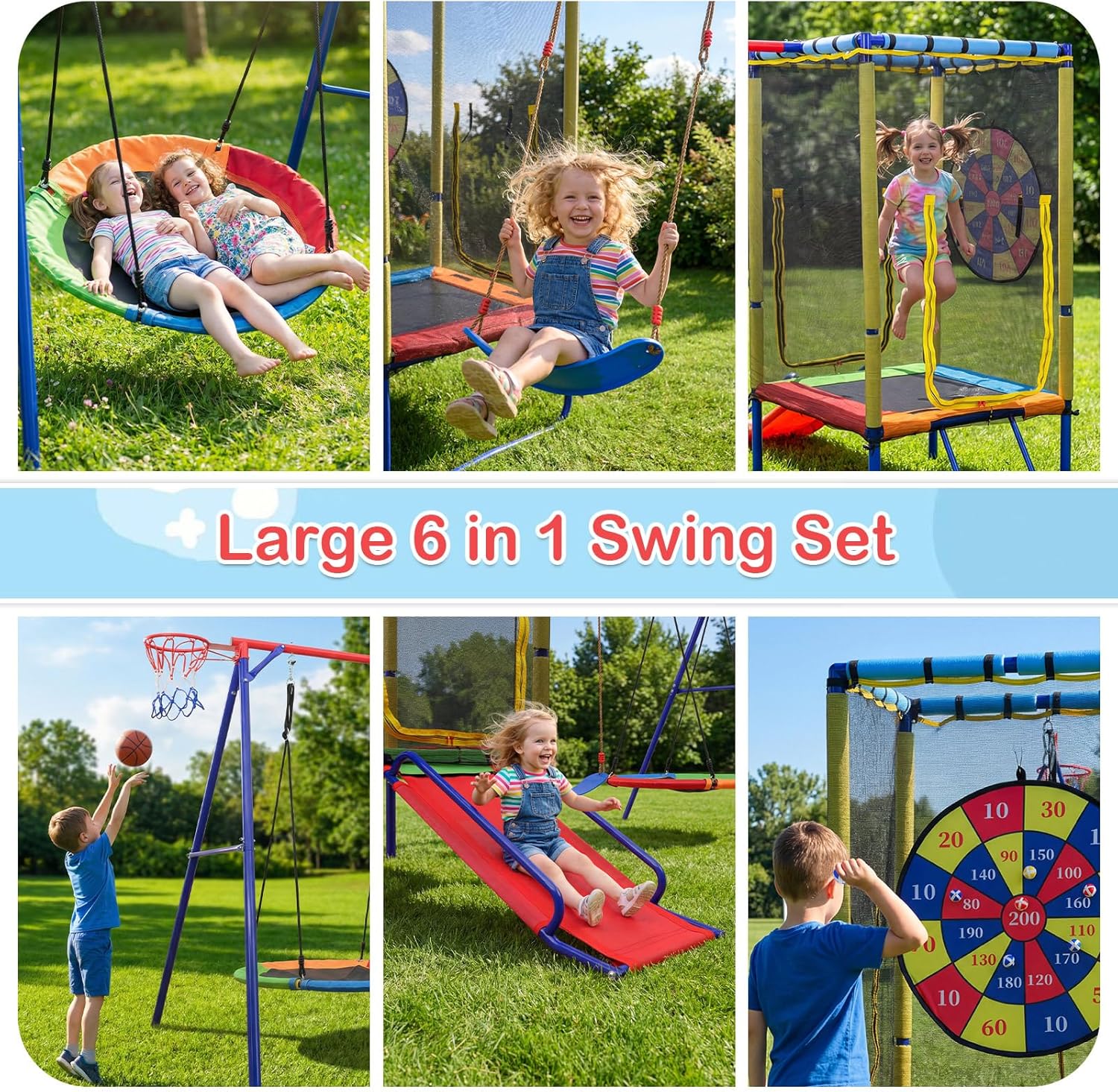 Swing Sets for Backyard, 6 in 1 Outdoor 440LBS Heavy Duty A-Frame Metal Stand with Trampoline, Slide, Saucer Swing