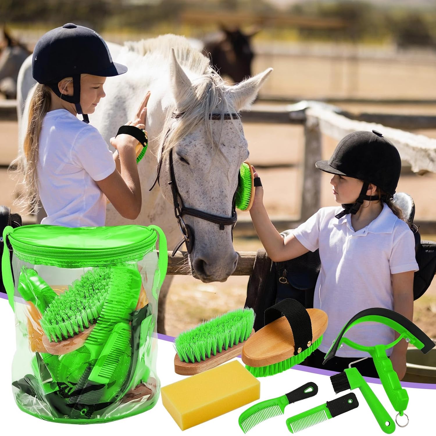 9 Pcs Horse Grooming Kit Tack Room Supplies, Cute, Green