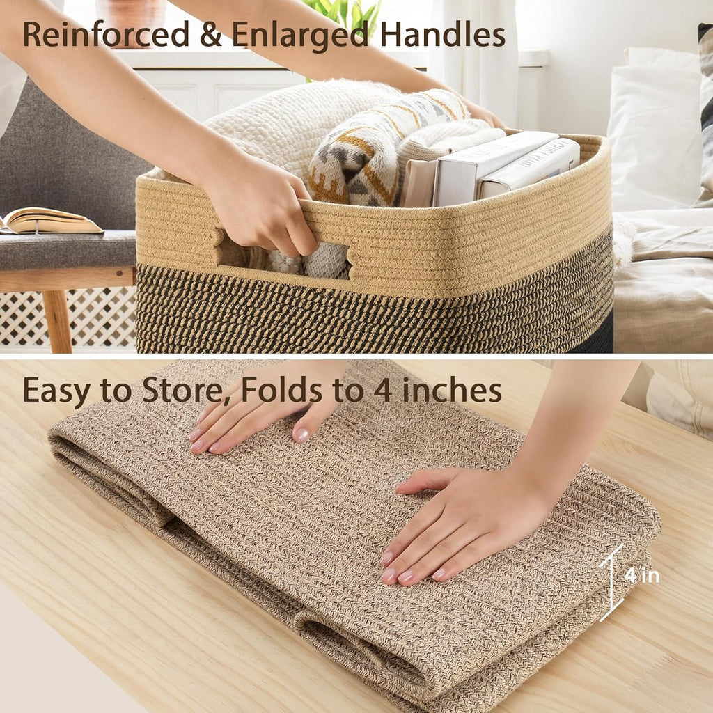 75L Large Blanket Basket for Living Room, Woven Rope Laundry Basket with Reinforced Handles, Decorative Versatile