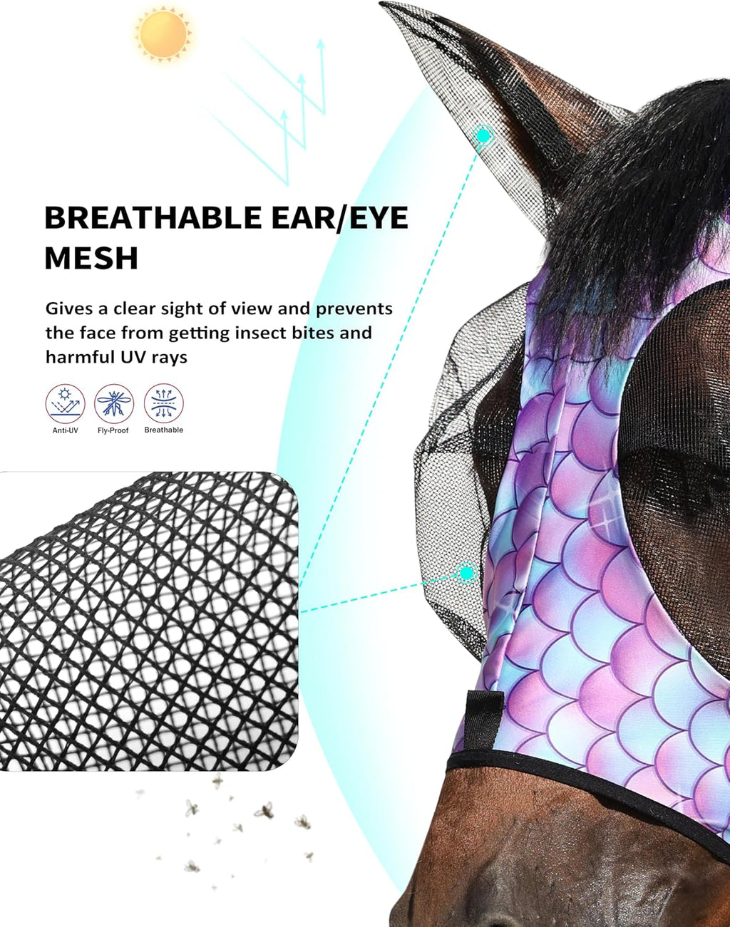 Stretch Fly Mask with Forelock Opening and Patterns Comfortable Breathable Snug Fitting Horse Fly Mask Fish Scale M