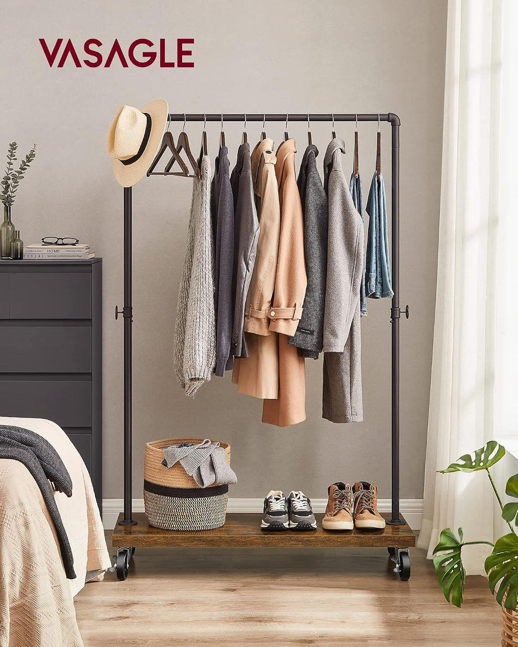 Clothes Rack, Heavy-Duty Rolling Garment Rack with Shelf | Industrial Pipe Style