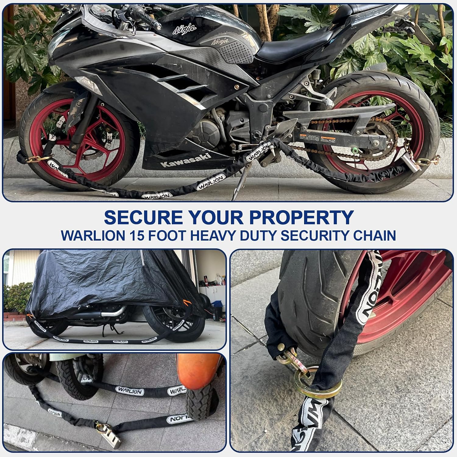 Heavy Duty Security Chain, 15ft x 3/8in (9mm) Thick, Anti-Theft & Cut-Proof Motorcycle Chain with Cinch Ring - Secure