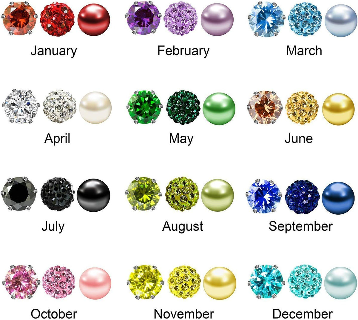 Birthstone Studs Earring Set Cubic Zirconia Rhinestones Crystal Ball Faux Pearl Stainless Steel Stud Earrings for